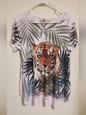 Tiger Print V-Neck Women's Embellished Top - White/Green Jungle Safari Travel